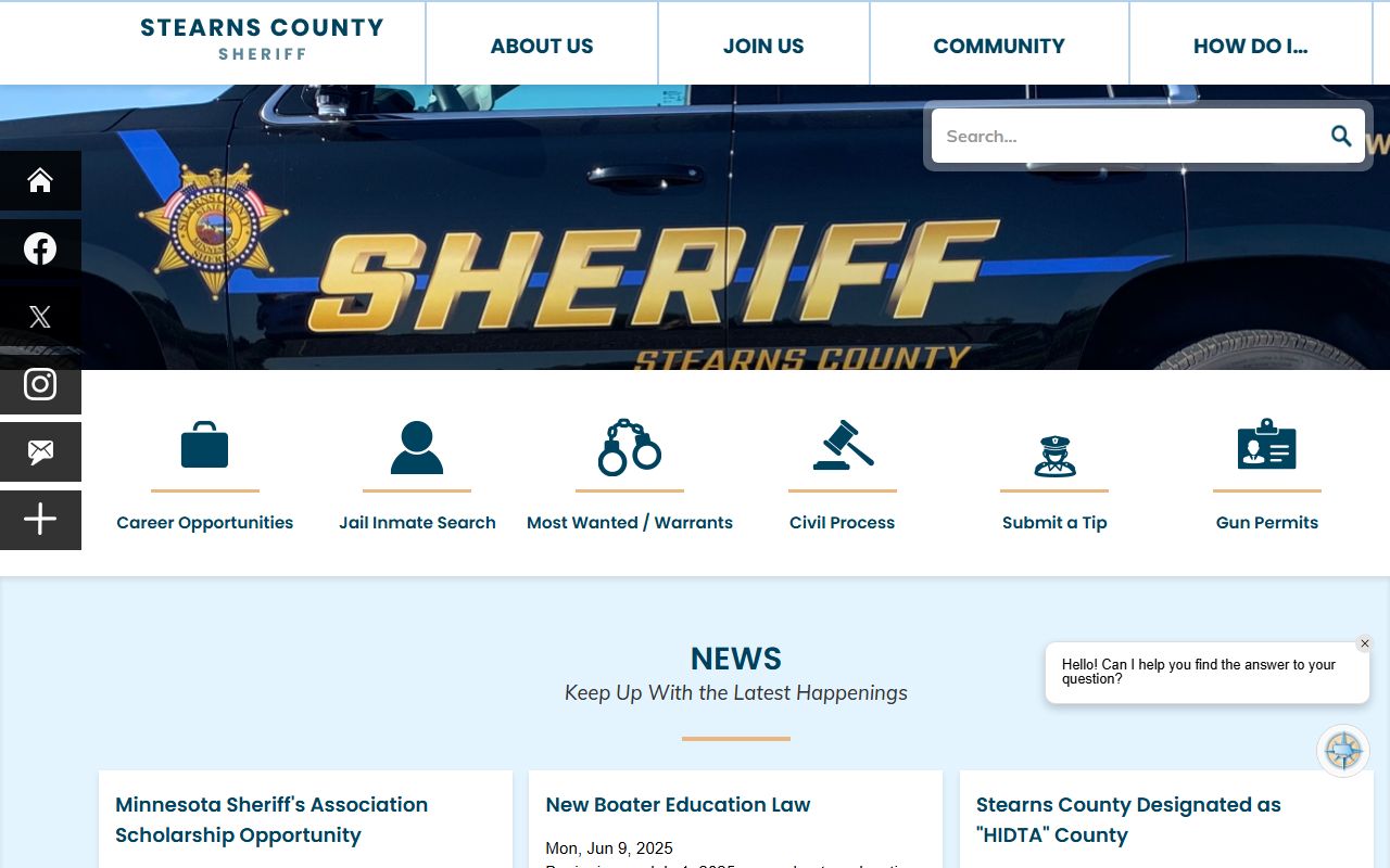 Stearns County Sheriff's Office homepage for arrest record and inmate searches