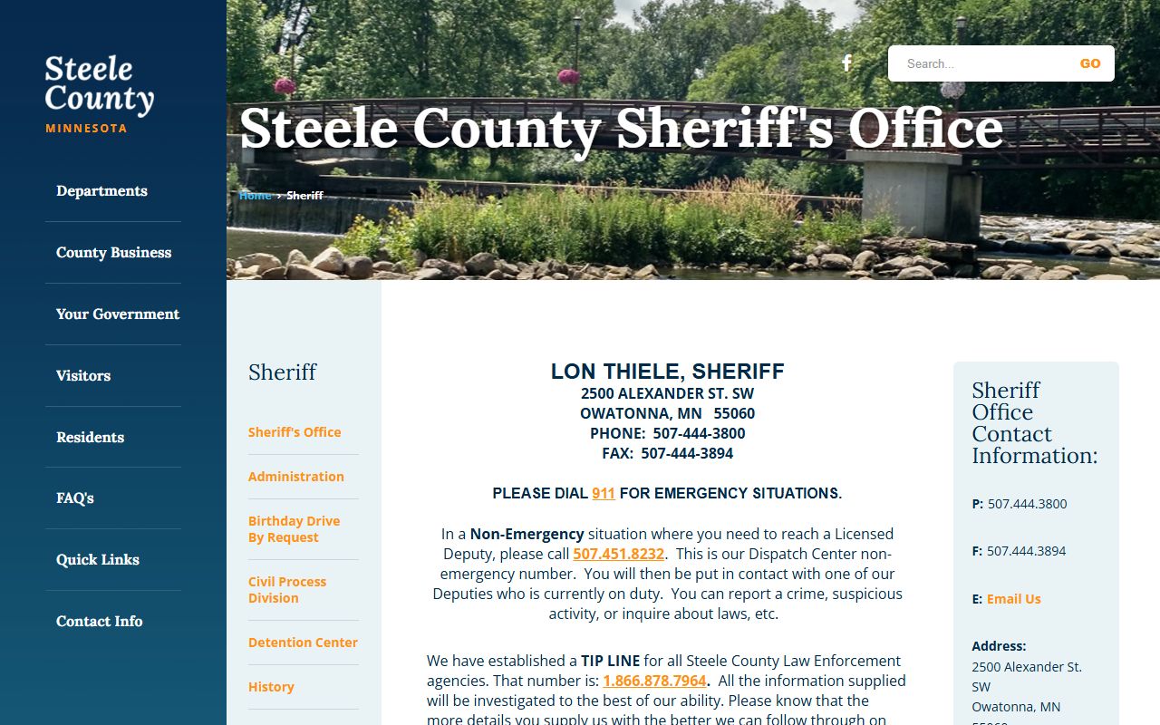 Steele County Sheriff's Office page covering arrest records and detention center