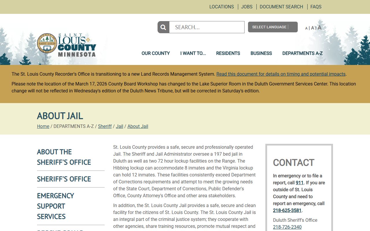 St. Louis County jail information page covering inmate booking and arrest records