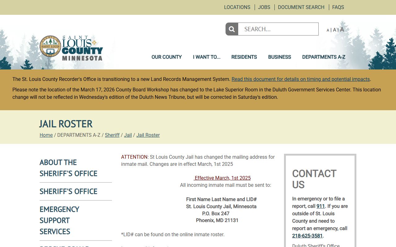 St. Louis County jail roster page for inmate and arrest record searches