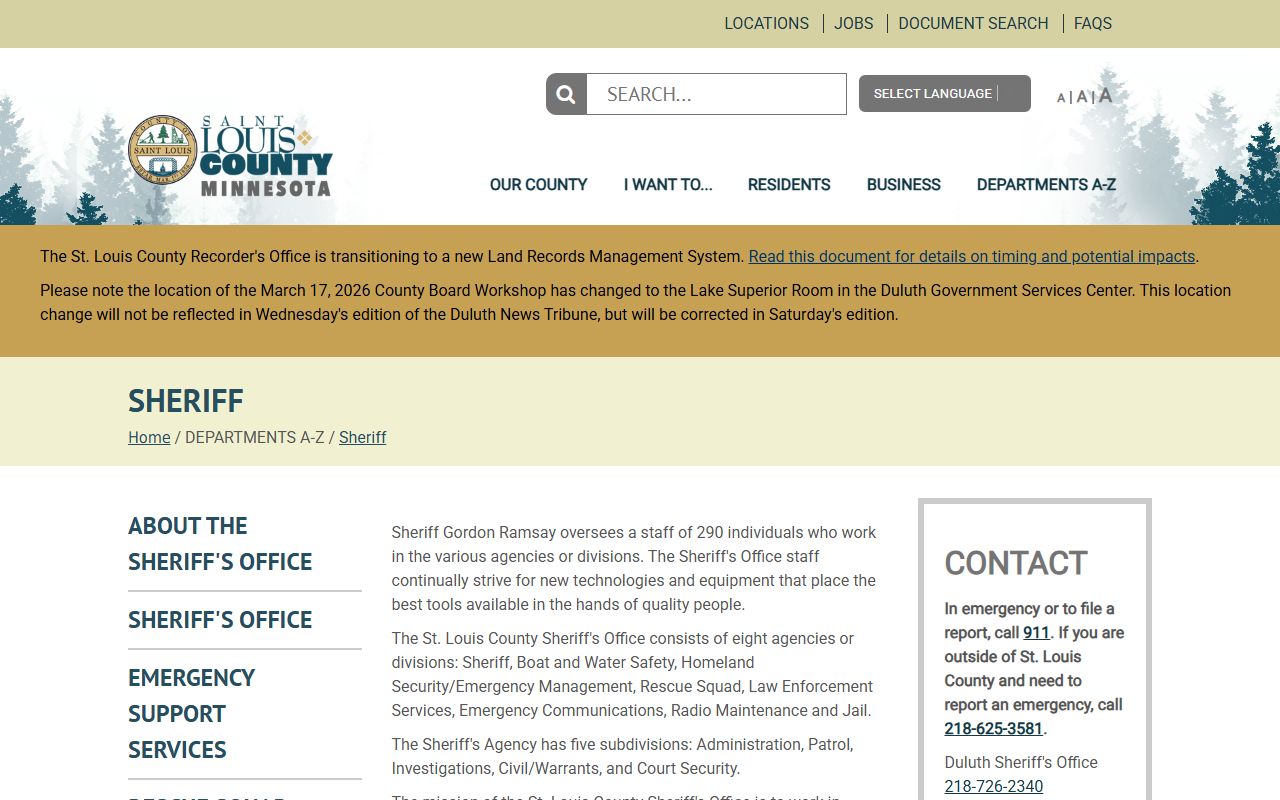 St. Louis County Sheriff's Office homepage showing divisions and arrest records
