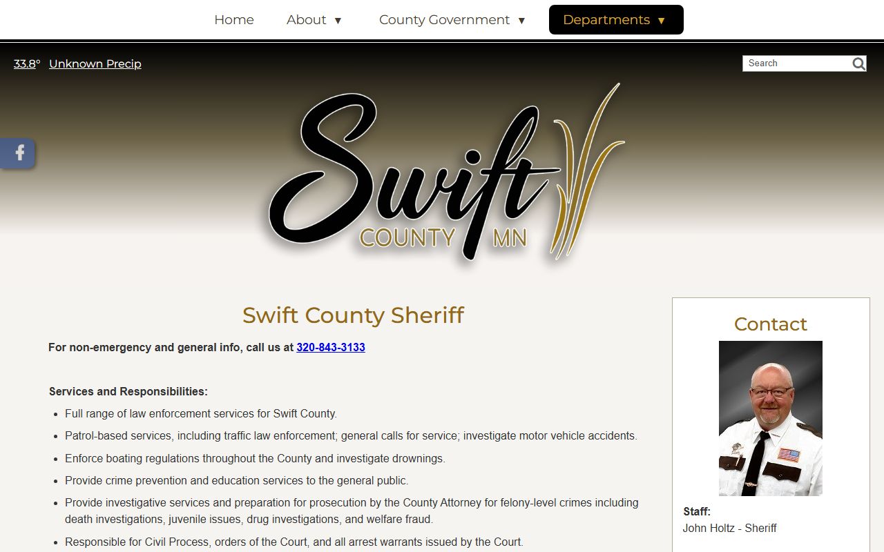 Swift County Sheriff's Office page listing services including arrest and custody records