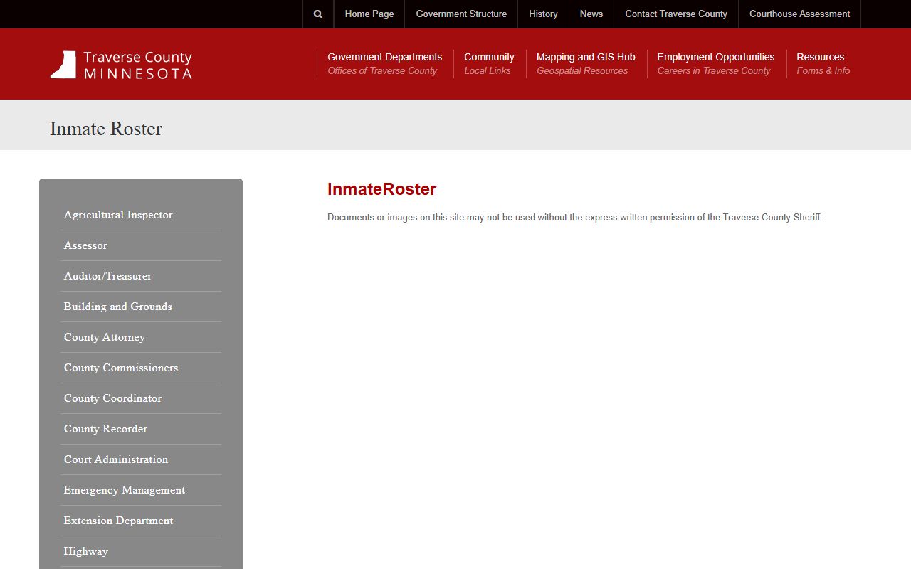 Traverse County inmate roster page showing current jail custody and arrest records