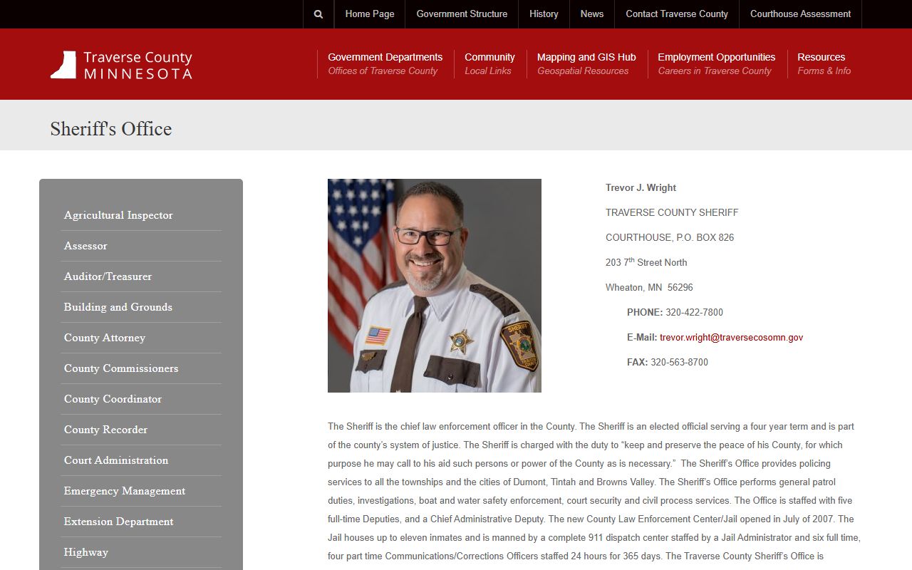 Traverse County Sheriff contact page for warrant and arrest record inquiries