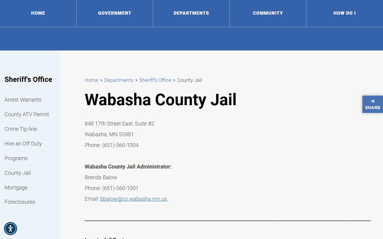 Wabasha County jail information page with inmate roster and arrest record access