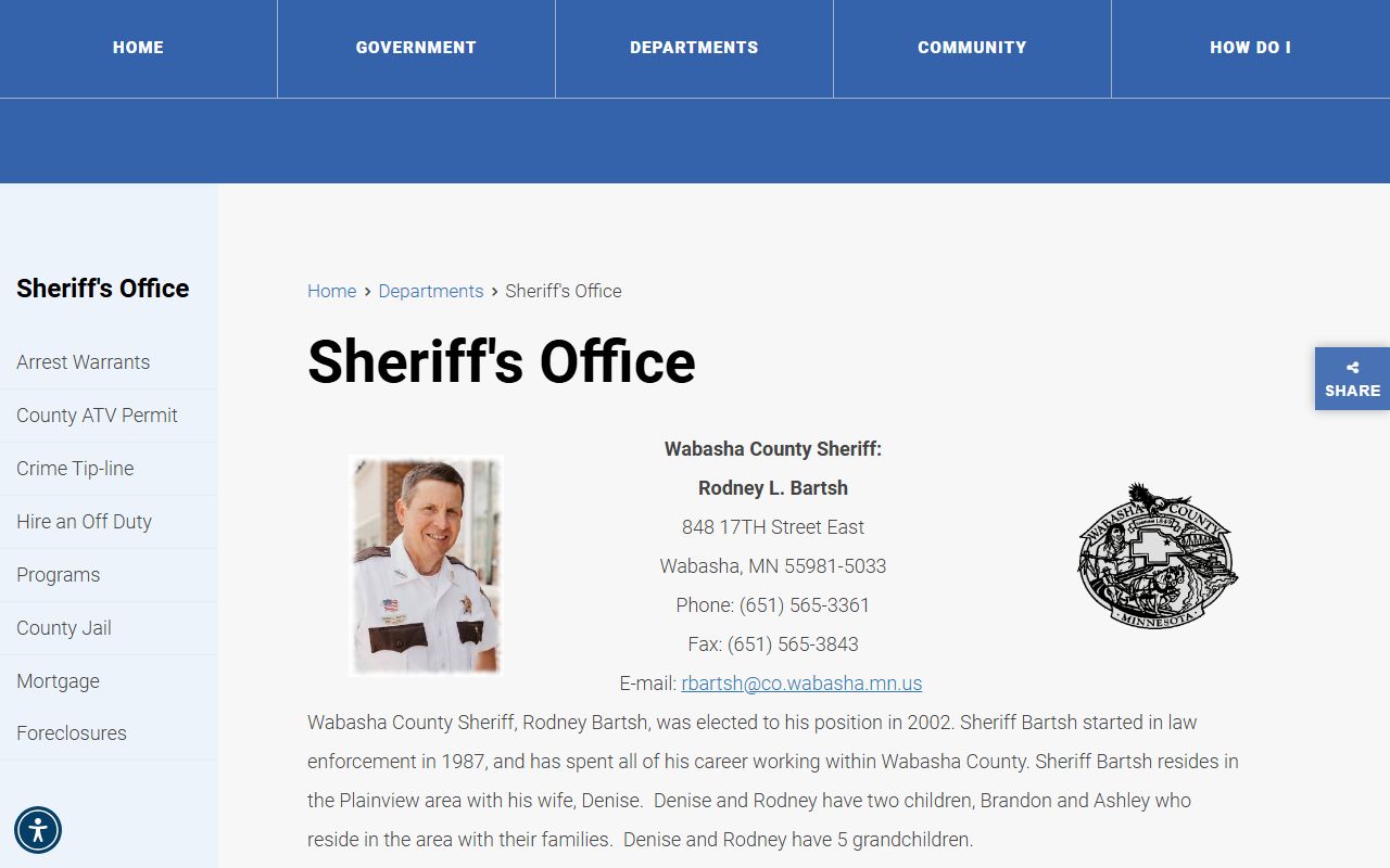 Wabasha County Sheriff's Office page for arrest records and jail information