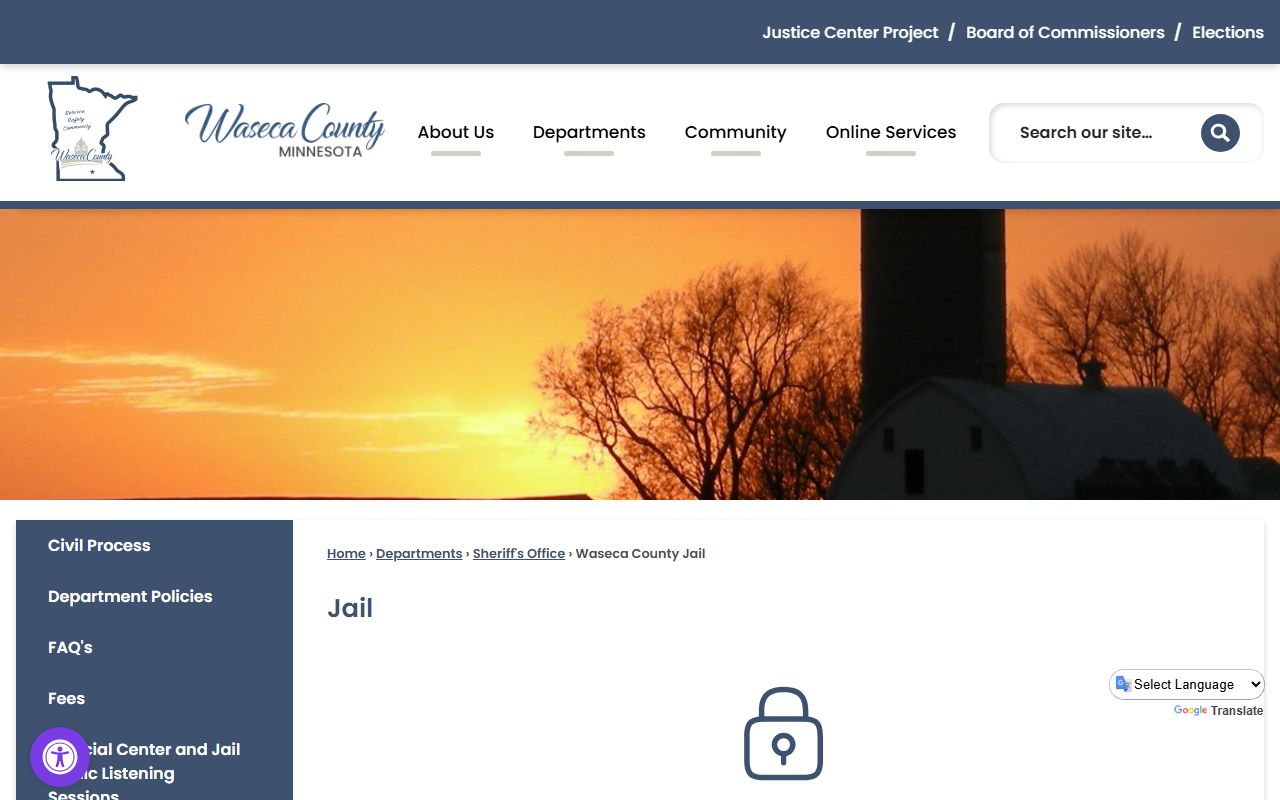Waseca County Jail page with inmate roster and arrest record access