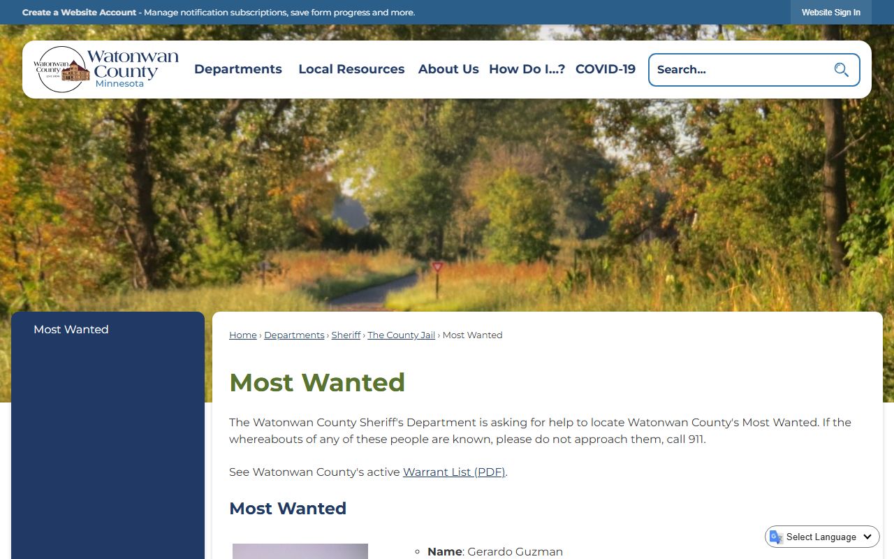 Watonwan County Most Wanted page for Minnesota arrest records