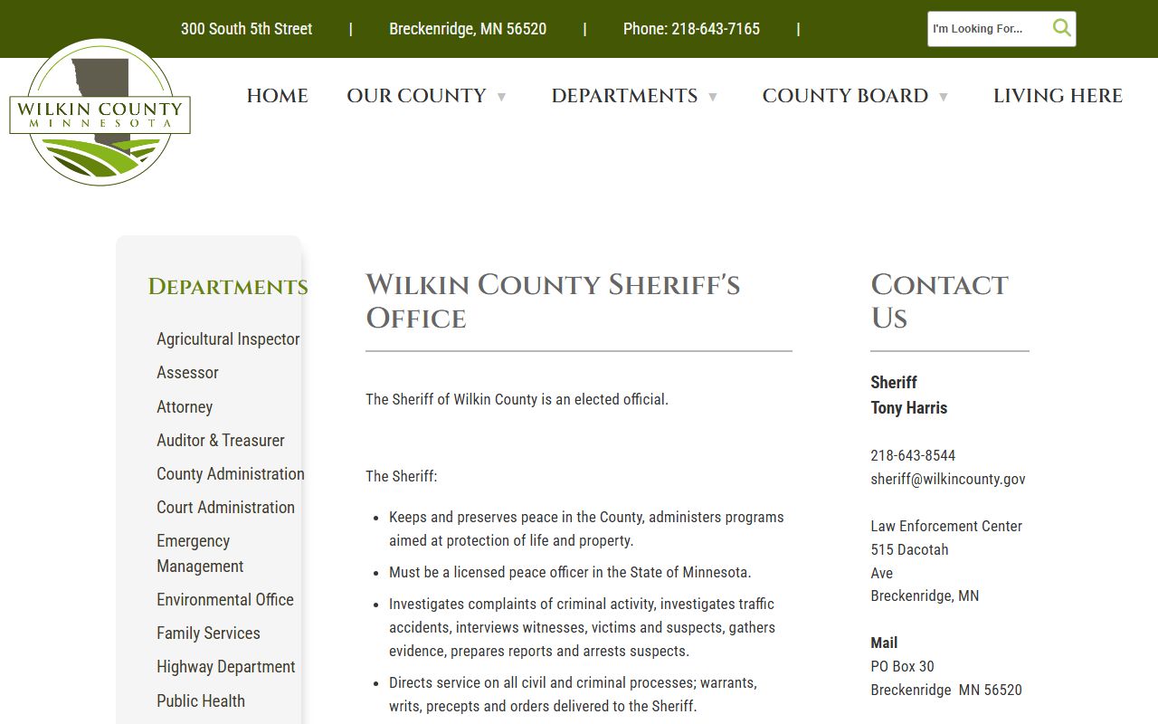 Wilkin County Sheriff Office page for searching arrest records