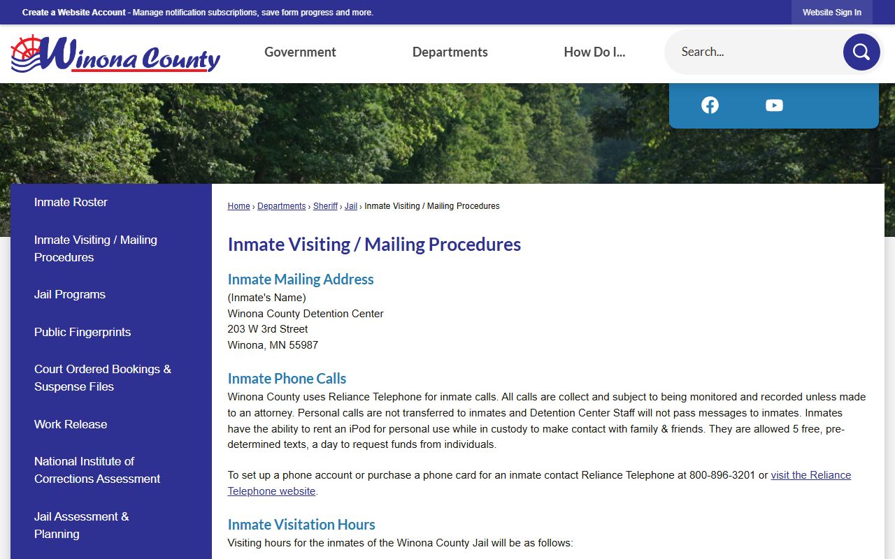 Winona County inmate visiting and mailing procedures for arrest records
