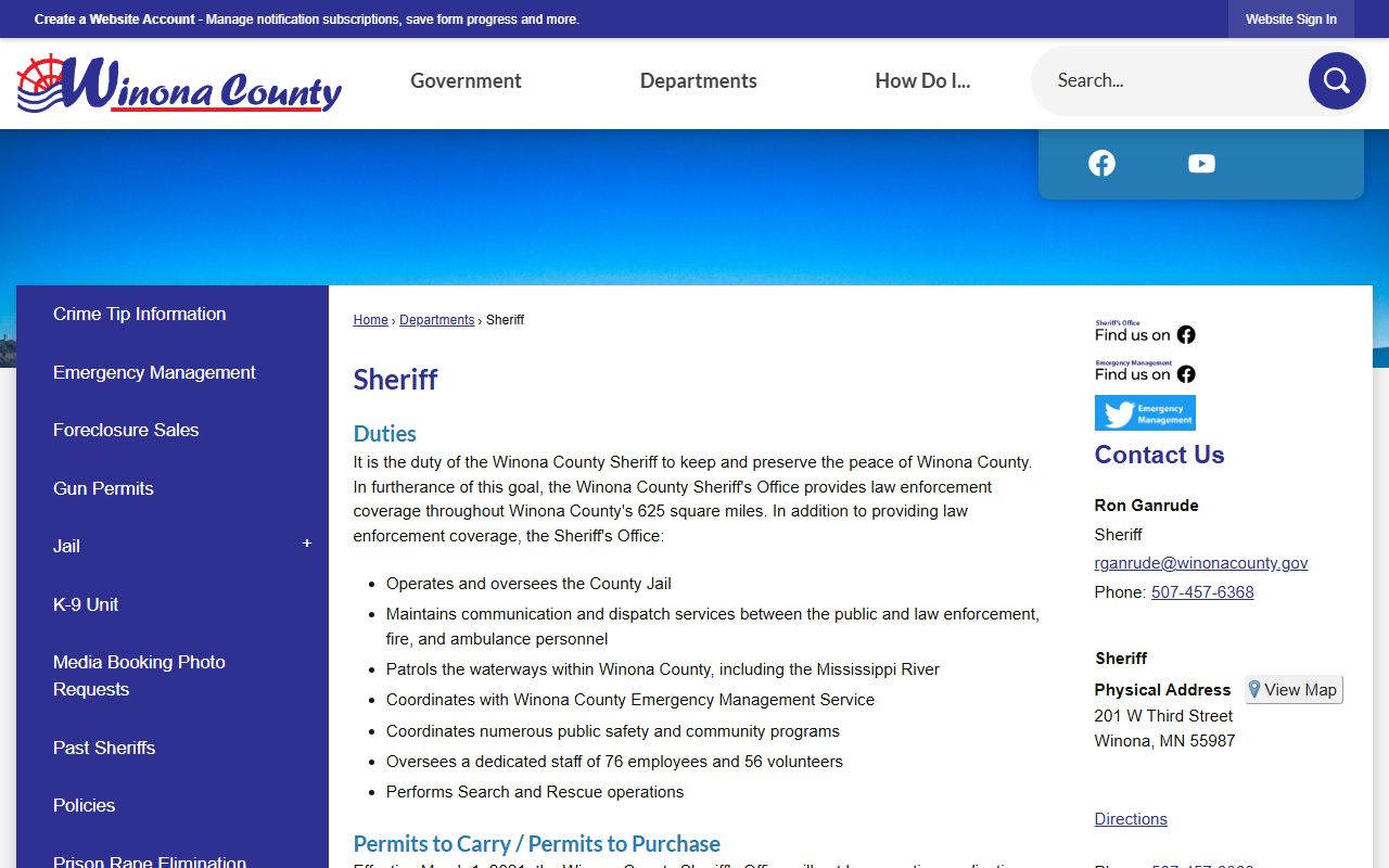 Winona County Sheriff Office page for arrest records