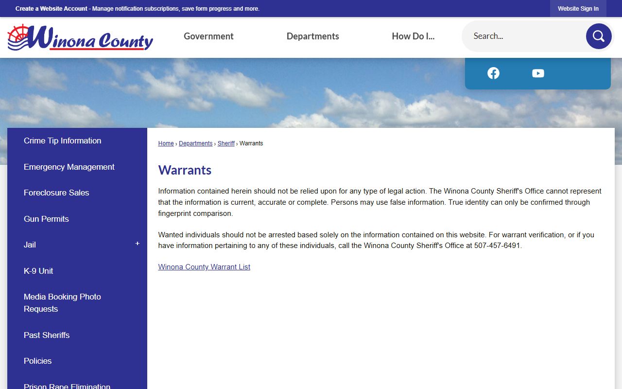 Winona County warrants page for Minnesota arrest records