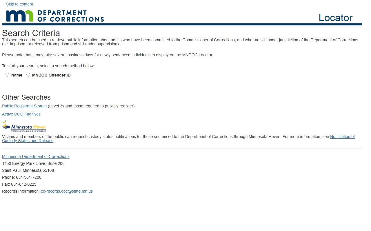Minnesota Department of Corrections offender locator for arrest records search