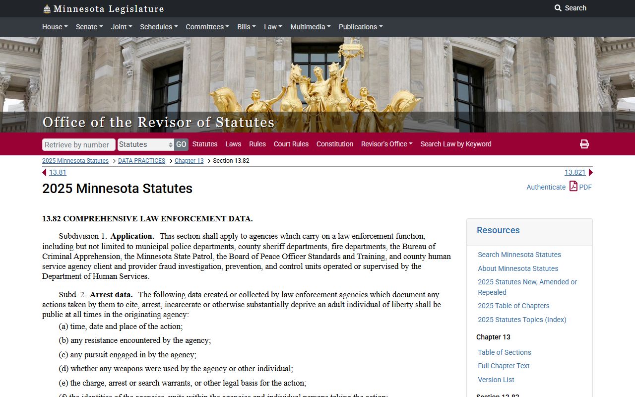 Minnesota Statute 13.82 law enforcement data provisions for arrest records