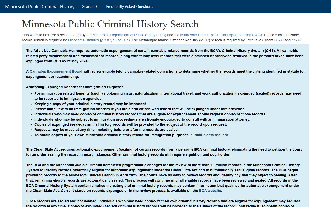 Minnesota BCA public criminal history search tool for arrest records